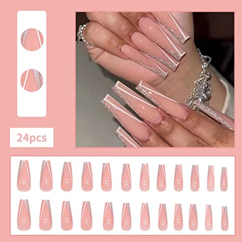 RUNRAYAY Pink French Fake Nails with Sequins, Splicing Press on Nails with French Tips, Long Stick on Nails - Image 2