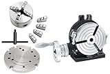 4-Backen Drehbankfutter Ø 100 mm, zentrisch spannend, mit Dreh- und Bohrbacken, Spannschlüssel und Befestigungsschrauben
