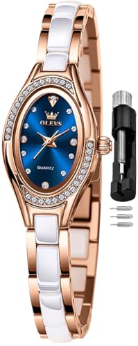 Image of OLEVS Women's Quartz Watches - Elegant Oval Diamond Dress Watch with Ceramic Band, 30M Waterproof Ladies Wrist Watch for Dress & Casual Wear (Rose Gold Blue /Red /Purple /White)