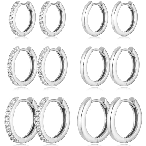 Gold Hoop Earrings Set 14k Real Gold Plated Huggie Hoop Earrings Hypoallergenic Tiny Lightweight Cartilage Cubic Zirconia Jewelry Everyday Earrings for Women Piercing (6Pairs Silver)