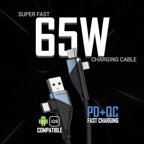 Image of Vismac 4 in 1 65W Fast PD+QC Braided Charging and Sync Cable with USB A,Type C and Lightning Fast Charging Cable Compatible with All Type C Android Smartphone & Lighting Devices (1M).