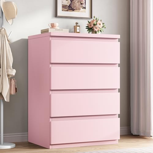 Image of Jocoevol 4 Drawer Dresser for Bedroom, Pink Dresser Chest of Drawers - Large Wood Dressers TV Stand with Deep Drawers Dressers for Living Room, Hallway, Entryway - Pink