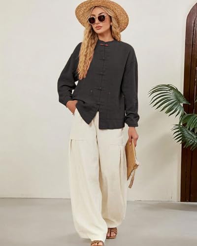 IXIMO Women's Linen Shirt Jakctes Vintage Cotton Long Sleeve Blouses Chinese Style Tunic Tops2