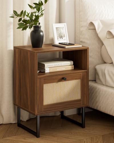 Image of Masupu Extra Large Rattan Nightstand,Modern Boho Farmhouse Wood Bedside Table with Storage Drawer and Open Shelf, Black Frame Side End Table for Bedroom,Living Room,Office (Walnut)