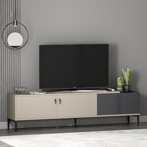 HOMIDEA Modena - Meuble TV bas de 180 cm avec portes et espace de rangement - Meuble TV au design scandinave pour salon (Beige et Anthracite)