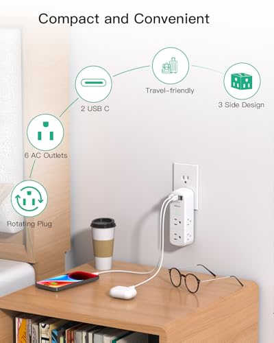 Image of Cruise Ship Essentials - Outlet Extender with Rotating Plug, 6 AC Outlets with USB Charging Ports, Multi Plug Wall Outlet USB C Charger Hub, Non Surge Protector Non Extension Cord