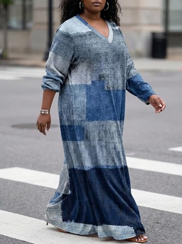 Image of SUZONANA Plus Size Denim Print Maxi Dresses for Women Casual V Neck Short Sleeve with Pockets Soft Jean Look Dress XL-6XL