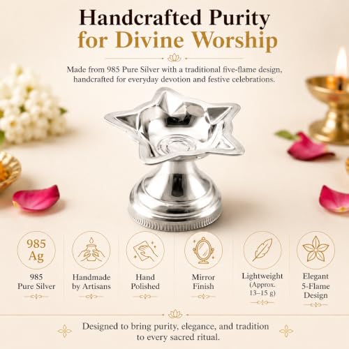 Image of Silver 5 Flame Diya /Deepam /Silver Lamp - Silver Pooja Items for Home, Return Gift for Navarathri, Wedding, Housewarming & Other Festivals | Handcrafted | Worship God (GH1034)