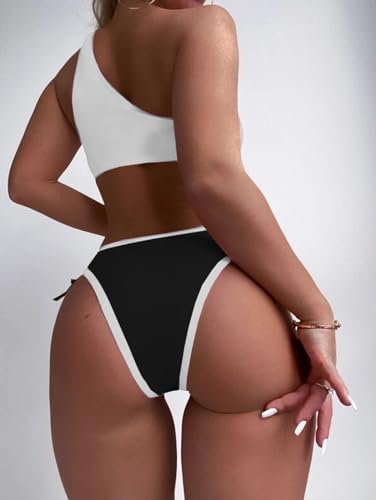 SherryDC Women's Cheeky Cutout One Shoulder Bikini Color Block V Cut High Leg Two Pieces Swimsuit2