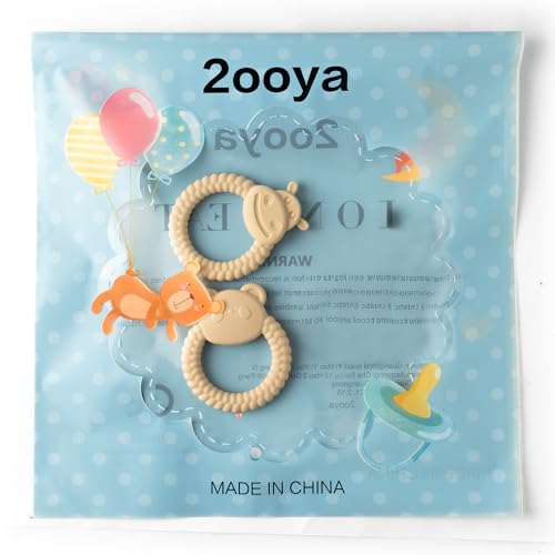 Image of Silicone Teething Toy for Babies - 2ooya 2Pcs Bear Animal Theme Teething Ring Relief Chew Toy Infant Sore Gums Pain Soft Food Grade Silicone Teethers for Toddler 6-12 Months Birthday Baby Shower