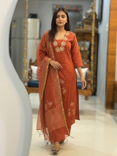 Image of ANNI Designer Women's Rayon Viscose Straight fit Printed Embroidered Kurta with Pant & Dupatta | Ethnic Kurta Set for Women | Daily, Office & Festive Traditional