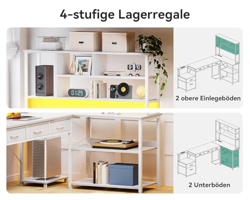 Coleshome Eckschreibtisch mit 5 Schubladen & 4 Regalen, 200×110cm Schreibtisch L-Form mit LED, Steckdosen & USB, großer Schreibtisch für Homeoffice, Weiß