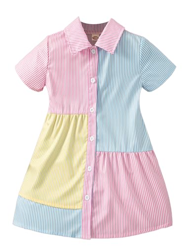Toddler Little Girl's Shirt Dress Striped Color Block Button Down Short Sleeve Dresses Size 1-8