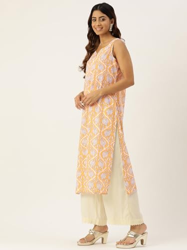 Image of feranoid Women's Pure Cotton Floral Print Straight Kurti | Elegant Curved V-Neck | Sleeveless Calf-Length Ethnic Wear | Comfortable Regular Fit | Sizes XS-XXL