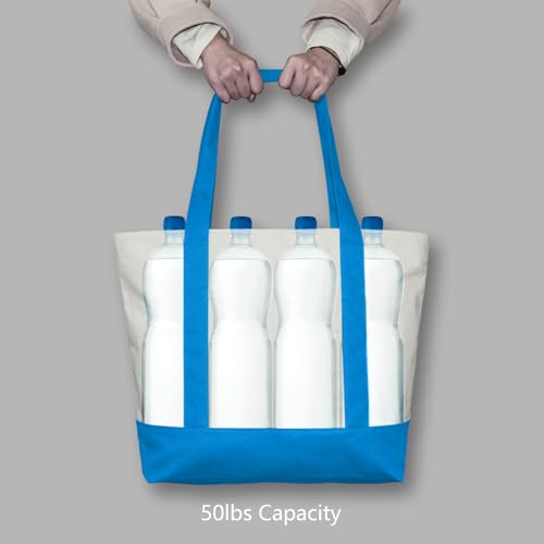 Image of TOPDesign 1-Pack Canvas Tote Bag with an External Pocket, Reusable Grocery Shopping Bag, Top Zipper Closure, Daily Essentials (Ocean Blue /Natural)