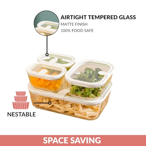 Image of Nestasia Vento Glass Containers with Lid Set of 4 (370ml x 2, 930ml x 1, 2500ml x 1) - Microwave, Refrigerator & Dishwasher Safe Containers with Air Vent Lid for Fridge Storage (Cream)
