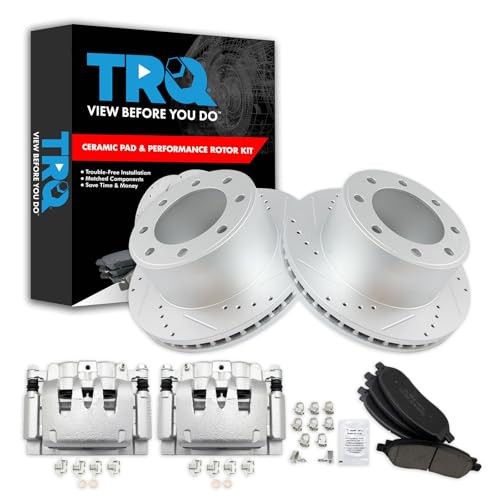 Image of TRQ Rear Performance Brake Pad, Caliper, & Rotor Kit Ceramic Vented Premium G-Coated Compatible with 2006-2007 Ford F-250 Super Duty F-350 Super Duty