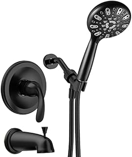 WRISIN Black Shower Faucet Set with Tub Spout (Valve Included), Black Shower Head and Handle Set, Matte Black Shower Fixtures with 4.7 Inch & 6 Setting Handheld