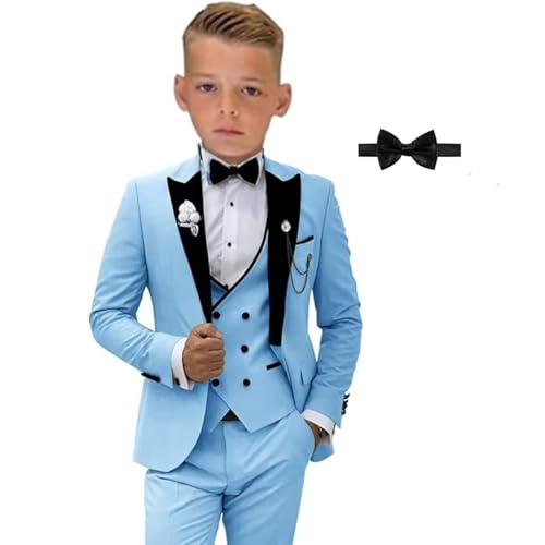 SAROULU Formal Suit for Boys, 3 Pieces Slim Fit Boy Suits for Weddings, Kids Boy's Tuxedo First Class Boy Outfit Sky Blue