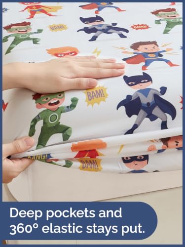 Image of Kids Full Size Superhero Bed Sheets - 4 Piece Kids Superhero Sheet Set - Comic Power Bedding - Ultra-Soft, Cute & Cozy - Breathable & Machine Washable - Brave Bed Set for Boys, Girls, Teens & Toddlers