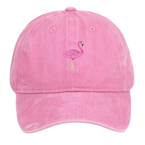 Unisex Fashion Embroidered Hat Vintage Washed Cotton Baseball Cap Adjustable Headwear Flamingo Pink