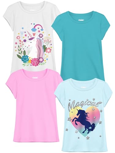 QWE 4 Pieces Girls Shirts Short Sleeve Cotton T-Shirts Graphic Tees Summer Tops Clothes for Girls 5-12 Years