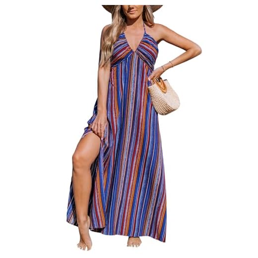 CUPSHE Women Backless Ruffle Maxi Summer Dress Halter Plunge V Smocked Waist Back Bow Tie Tiered Casual Sundress Beach Dresses, Multicolor Striped S