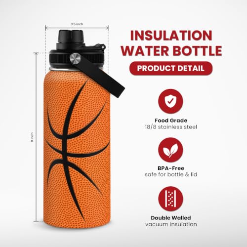 Image of SANDJEST Basketball Water Bottle 32oz Stainless Steel Insulated Bottles for Men Women Sports Lovers Fan Players Coach - Basketball Gifts for Birthday Christmas