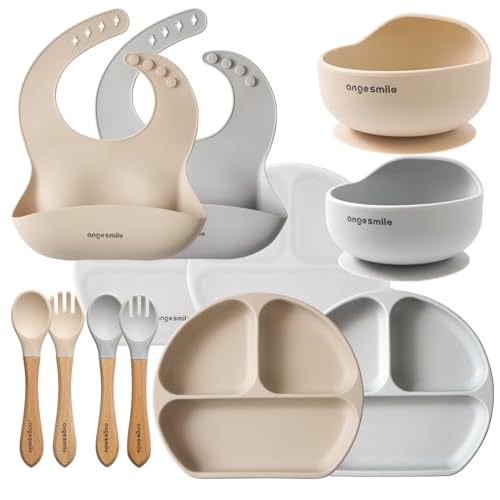 Image of Baby Feeding Essentials Silicone Ange Smile 12 Set Bib, Baby Bowl, Suction Plate, Spoon, Fork Eating Utensils for 6+ Months Kids Toddler Kawaii