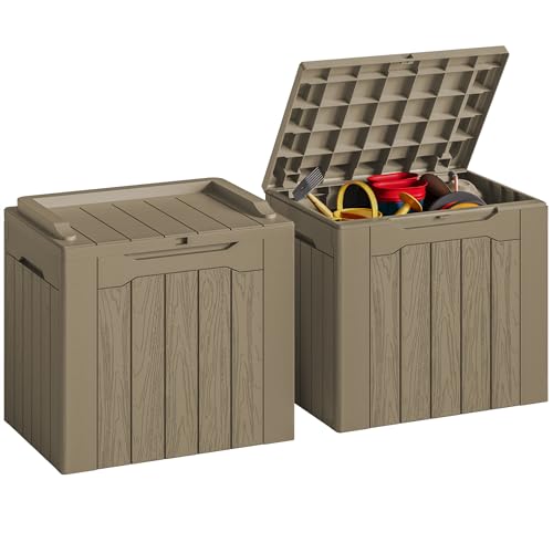 JUMMICO 31 Gallon Resin Deck Box Waterproof Indoor Outdoor Storage Boxes for Patio Furniture Cushions and Garden Tools (Light Brown, 31gallon-2 Packs)