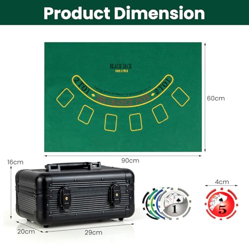 HOMASIS Profi Pokerset mit 300/400 Pokerchips, Pokerkoffer mit Matte, 2 Kartendecks, 5 Würfeln, 1 Dealer Button, Aluminiumkoffer abschließbar, Kasino Poker Set für Texas Hold'em Blackjack (300 Chips) – Bild 4