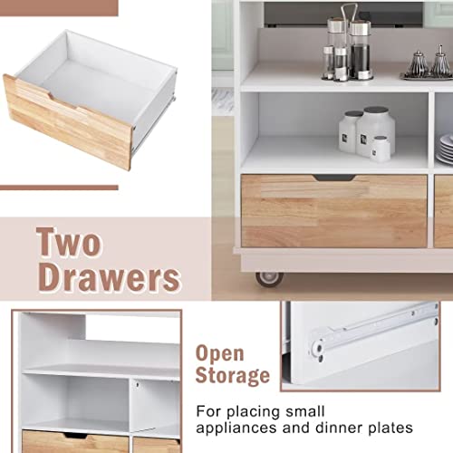 Ayvbir Kitchen Island Cart Rolling Mobile White Kitchen Cart Solid Wood Top, Kitchen Cart With 2 Drawers,Back Two-Tier Open Shelf,Tableware Storage Cabinet 46X21.7X35.62 Inch #TOP6