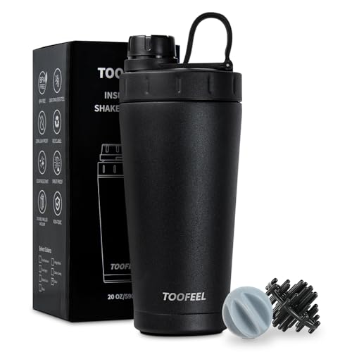 TOOFEEL Stainless Steel Shaker Bottle - 20 oz Double Walled Insulated Shaker Cup, Keeps Cold/Hot, For Protein Mixes & Gym Workout