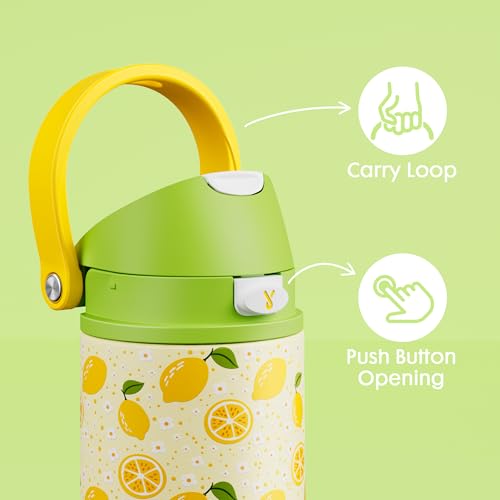Image of 18 oz Stainless Steel Water Bottle for Kids: Meoky Insulated Water Bottle with 2-in-1 Straw and Spout Lid - Leak Proof, Cold for 24 Hours, BPA-Free for Boys Girls School Backpacks Sports, Sunny Lemons