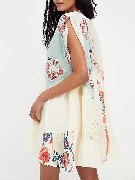 Women Y2k Floral Ruffle Mini Dress Boho V Neck Puff Sleeve Short Dress Flowy Patchwork Babydoll Dresses - Image 5