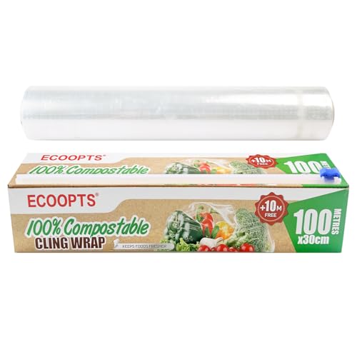 ECOOPTS Película adhesiva 100% compostable con cortador deslizante, libre de BPA y biodegradable, apto para microondas y congelador, 30 cm x 110 m