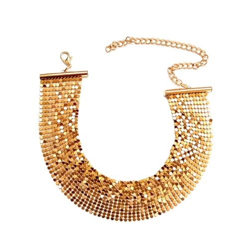 Dishowme Pailletten Choker Halskette breite Metall Pailletten Halsband Hip-Hop Punk Halskette Schmuck für Frauen Mädchen (Gold)