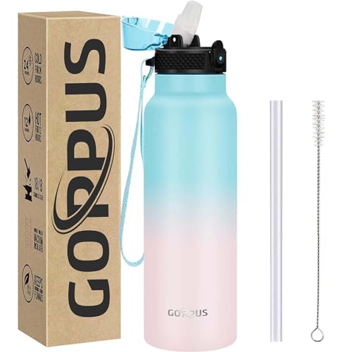 GOPPUS 750ml/24oz Insulated Water Bottles with Straw 0.75 Litre Metal Bottles Steel Thermal Flask Stainless Steel Gym Bottle Double Walled Drinks Bottle Leakproof Hot/Cold Water Flask BPA Free