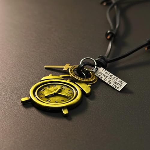 Image of THE MEN THING Retro Vintage Clock - 1.8-Inch Pure Stainless Steel Pendant with Adjustable Leather Rope for Men & Boys