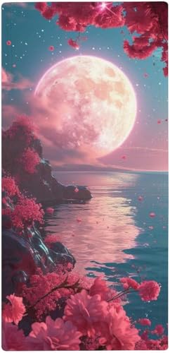 フェイスタオル 薄手 スーパームーンの下、海岸に咲く花 タオル 吸水 速乾 ふわふわ 柔らか肌触り 美しい海の景色 夢のような光景 フェイシャルタオル 洗顔タオル 大判 家庭用、ホテル、業務用、スポーツなどにも最適 四季通用 73x35cm