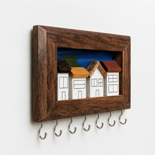 Image of 'Neighbourhood' Hand Painted Wooden Key Holder for Home (6 Types of Wood). Key Hangers for wall Key Holder Stand Key Stand for wall Keychain Holder for wall Dark Brown (Neighborhood)