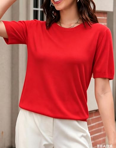 Image of SANGTREE Short Sleeve Sweater for Women Crewneck Summer Knit Tops | Summer Knit Pullover Tops.Perfect for Daily,Work,Home,Holiday,Travel,Shopping Etc.