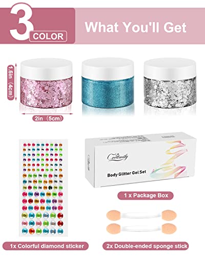Creamify Face Body Glitter Gel - 3 Colors Pink And Silver Chunky Glitter Gel & Blue Fine Glitter Gel With Gems Sticker, Rave Accessories Hair Glitter Body Shimmer, Less Gel & Quick Dry, 65G #TOP5