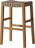 Maven Lane Emerson Bar Stool – 31 Inch – Rectangular Stool with Footrest – Natural Solid Wood & Beige Woven Leather Seat – Ideal for Pubs, Breakfast Bars & Tall Counters