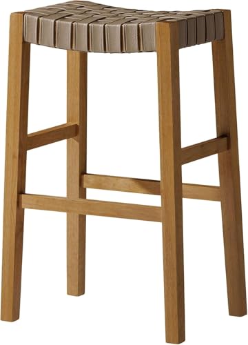 Maven Lane Emerson Bar Stool – 31 Inch – Rectangular Stool with Footrest – Warm Oak Solid Wood & Beige Faux Leather Seat – Ideal for Pubs, Breakfast Bars & Tall Counters