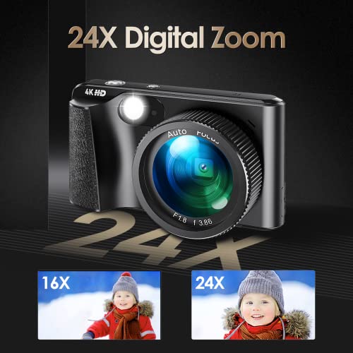 Digital Camera, 4K Digital Camera For Kids Video Camera With 32Gb Sd Card 24X Digital Zoom, Compact Point And Shoot Camera Portable Small Camera For Teens Students Boys Girls Seniors - Black #TOP3