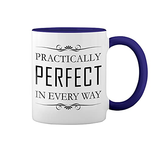 Practically Perfect Mary Poppins Blanca taza de café con el borde azul y la manija Mug