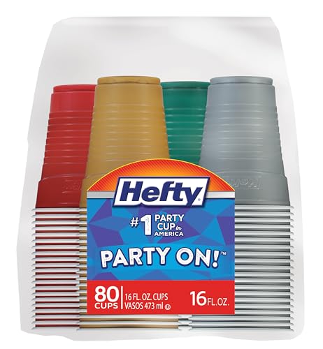 Image of Hefty Party On Disposable Plastic Party Cups, 80 Count, 16 Oz Cups in Assorted Colors for Gatherings, Parties, and More, Textured Sides for Easy Gripping, Strong and Durable