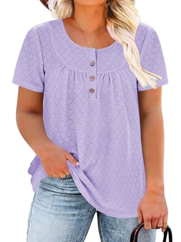 Image of VISLILY Womens-Plus-Size-Summer-Tops Buttons Up Henley Shirts Flowy Pleated Tunics Trendy Eyelet Short Sleeve Blouses