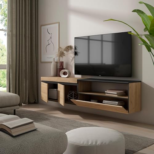 Meuble TV mural style moderne chêne et noir pour vos soirées cinéma - 5